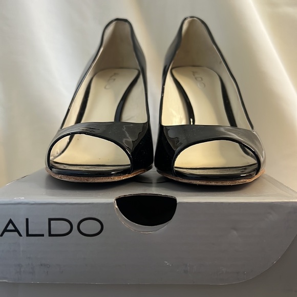 EUC Aldo Size 7/ 37 Javea Black patent lucite wedge heels - Picture 4 of 16